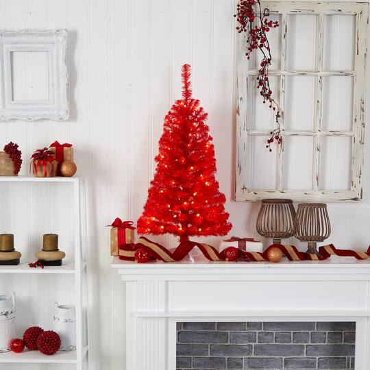 3ft. Pre-Lit Red Artificial Christmas Tree, Warm White LED Lights